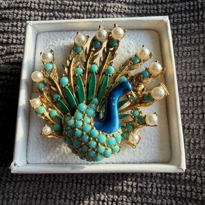 Vintage Gold Tone and Blue Peacock Broach 2”